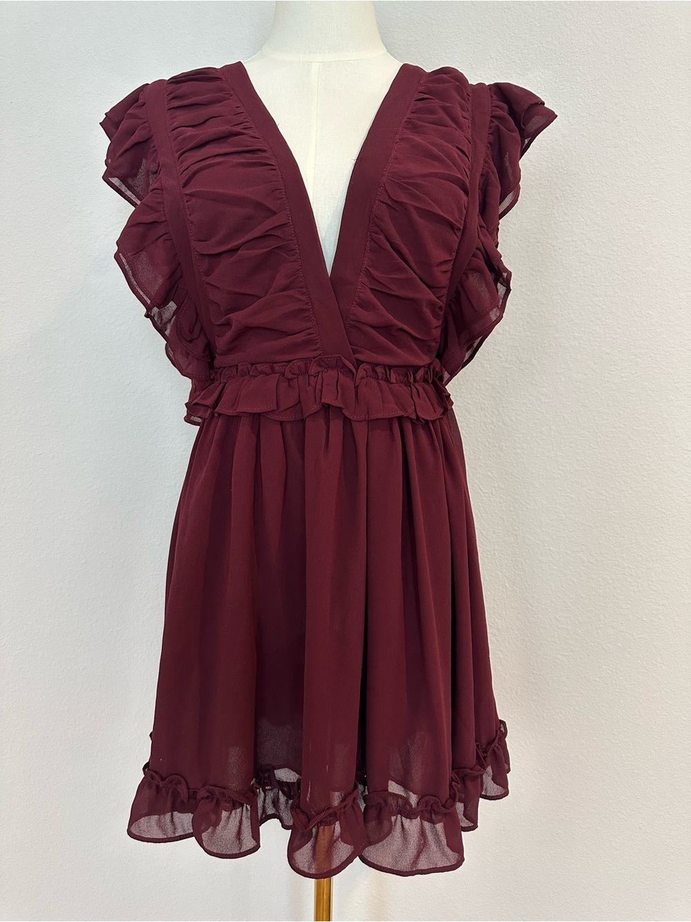 Storia Burgundy Ruffle V-Neck Mini Dress